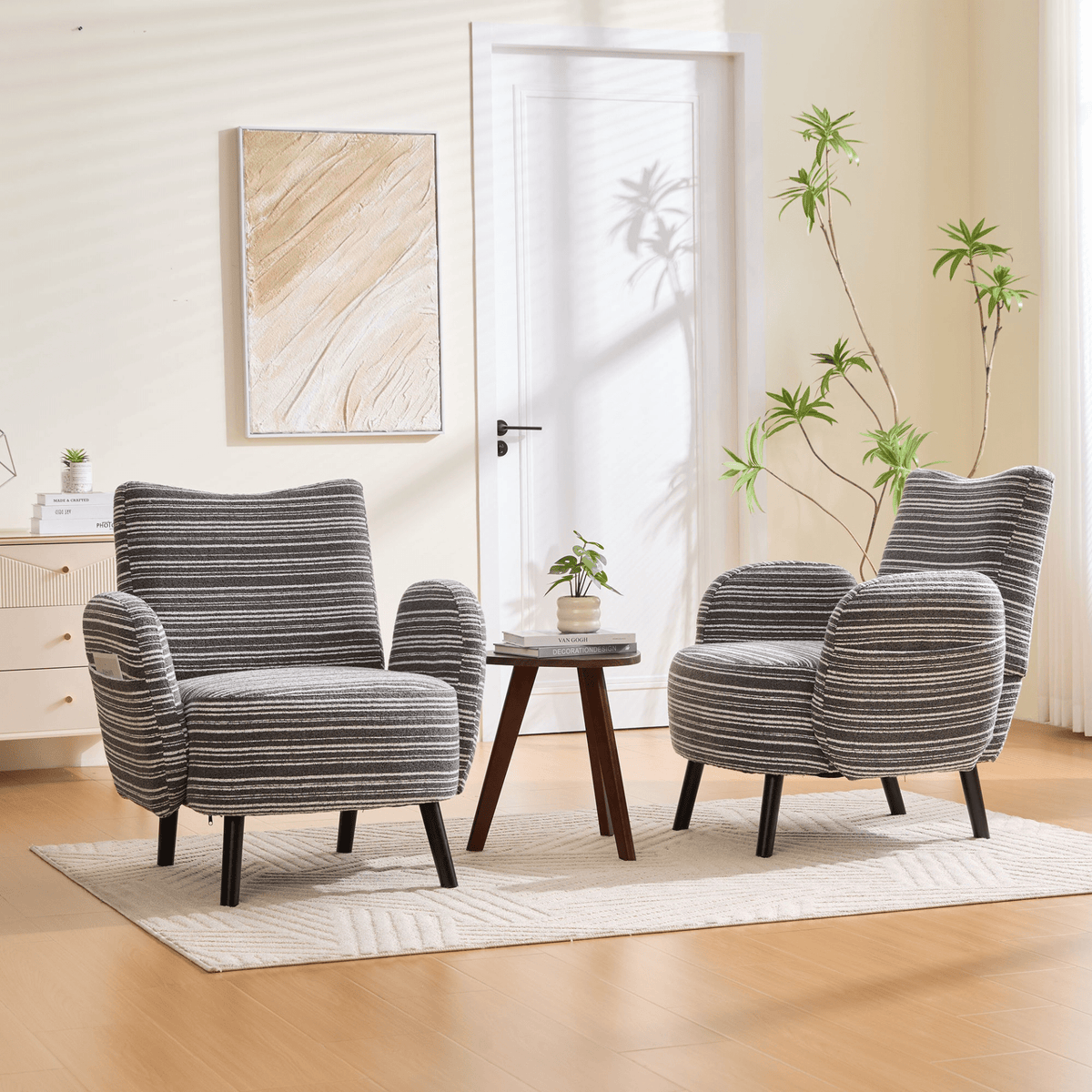Modern Armchair with Sanded Fabric, Side Storage Pocket and Solid Wood Legs - Mervyns