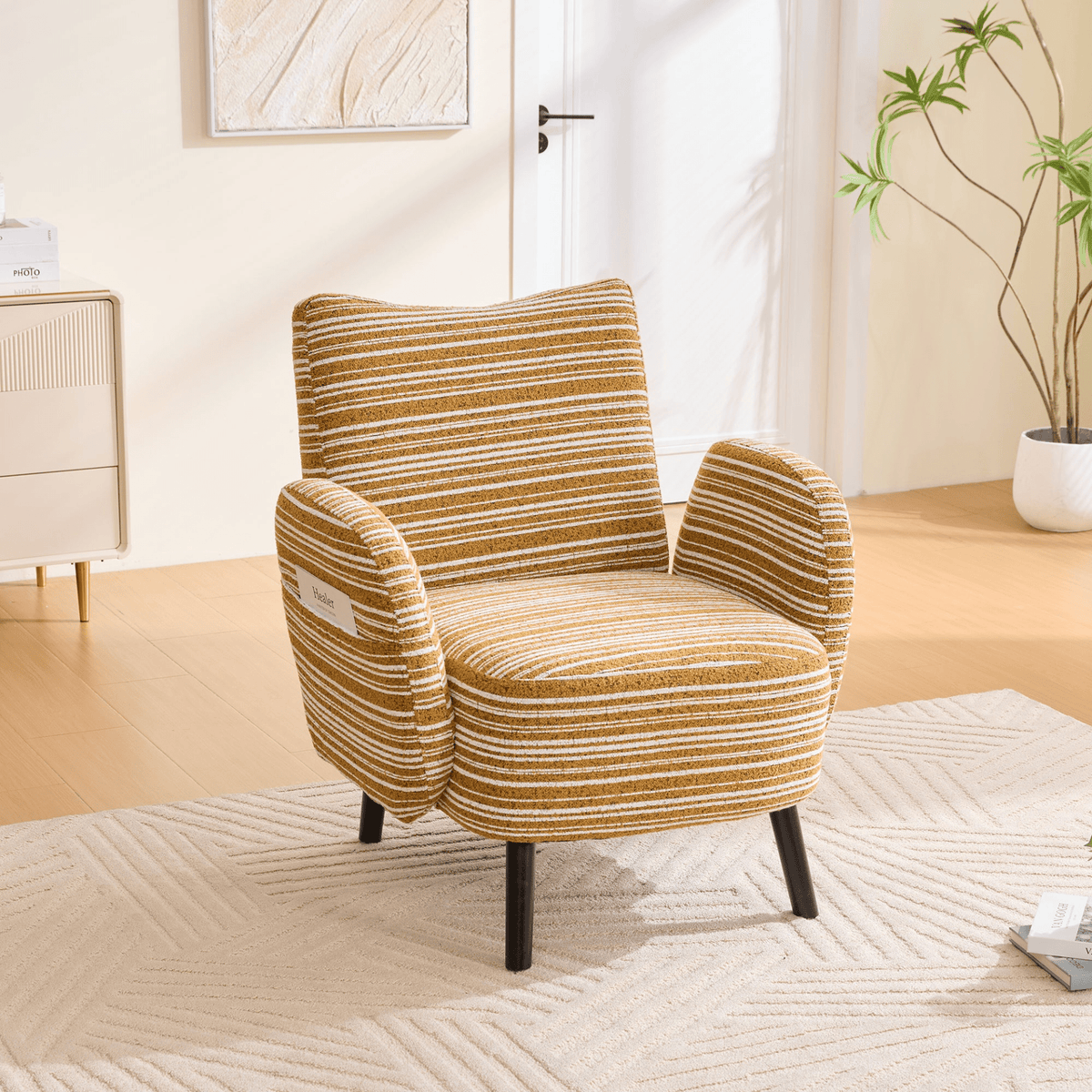 Modern Armchair with Sanded Fabric, Side Storage Pocket and Solid Wood Legs - Mervyns