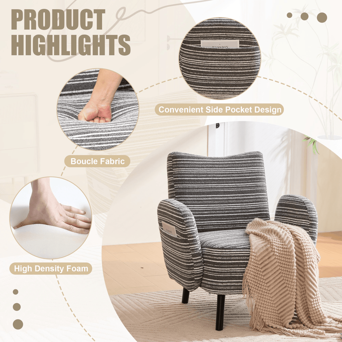 Modern Armchair with Sanded Fabric, Side Storage Pocket and Solid Wood Legs - Mervyns
