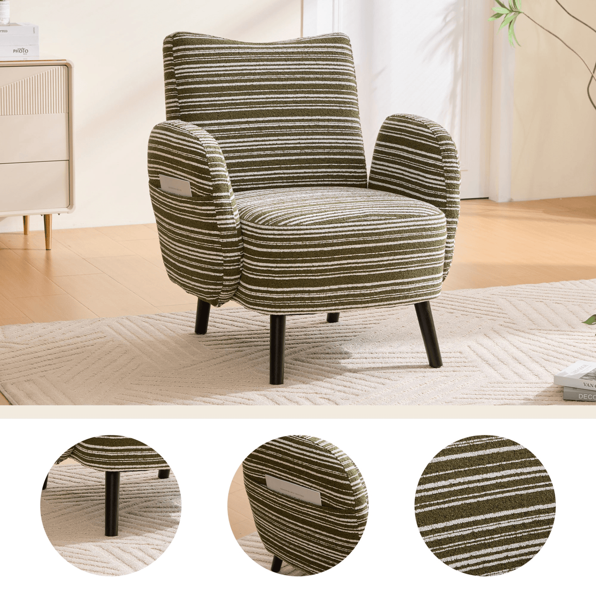 Modern Armchair with Sanded Fabric, Side Storage Pocket and Solid Wood Legs - Mervyns