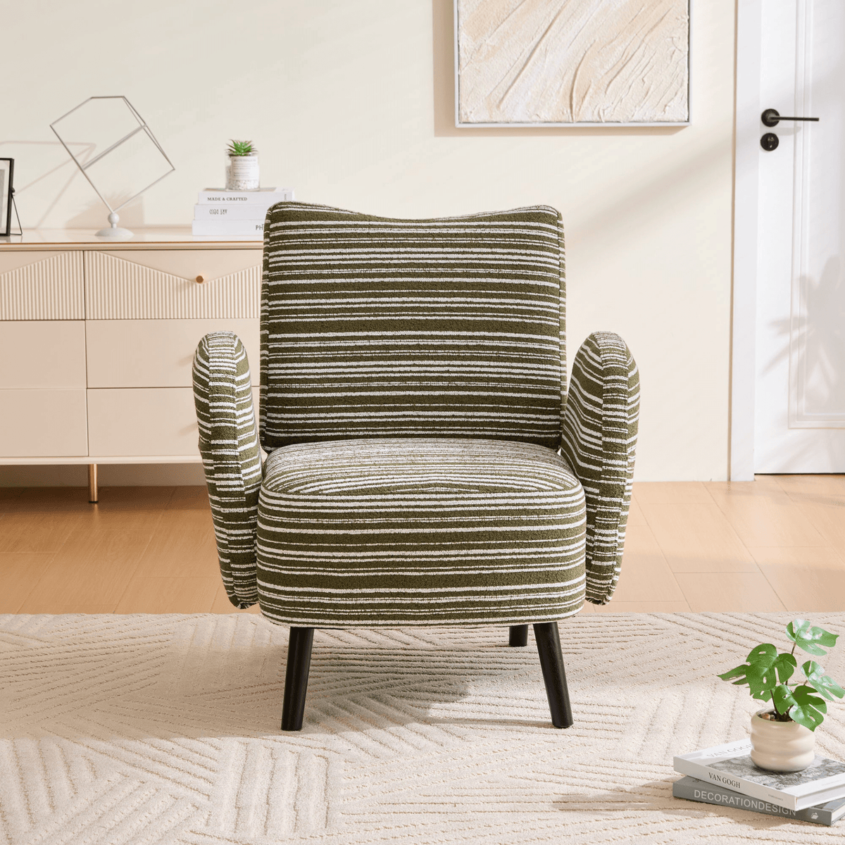 Modern Armchair with Sanded Fabric, Side Storage Pocket and Solid Wood Legs - Mervyns