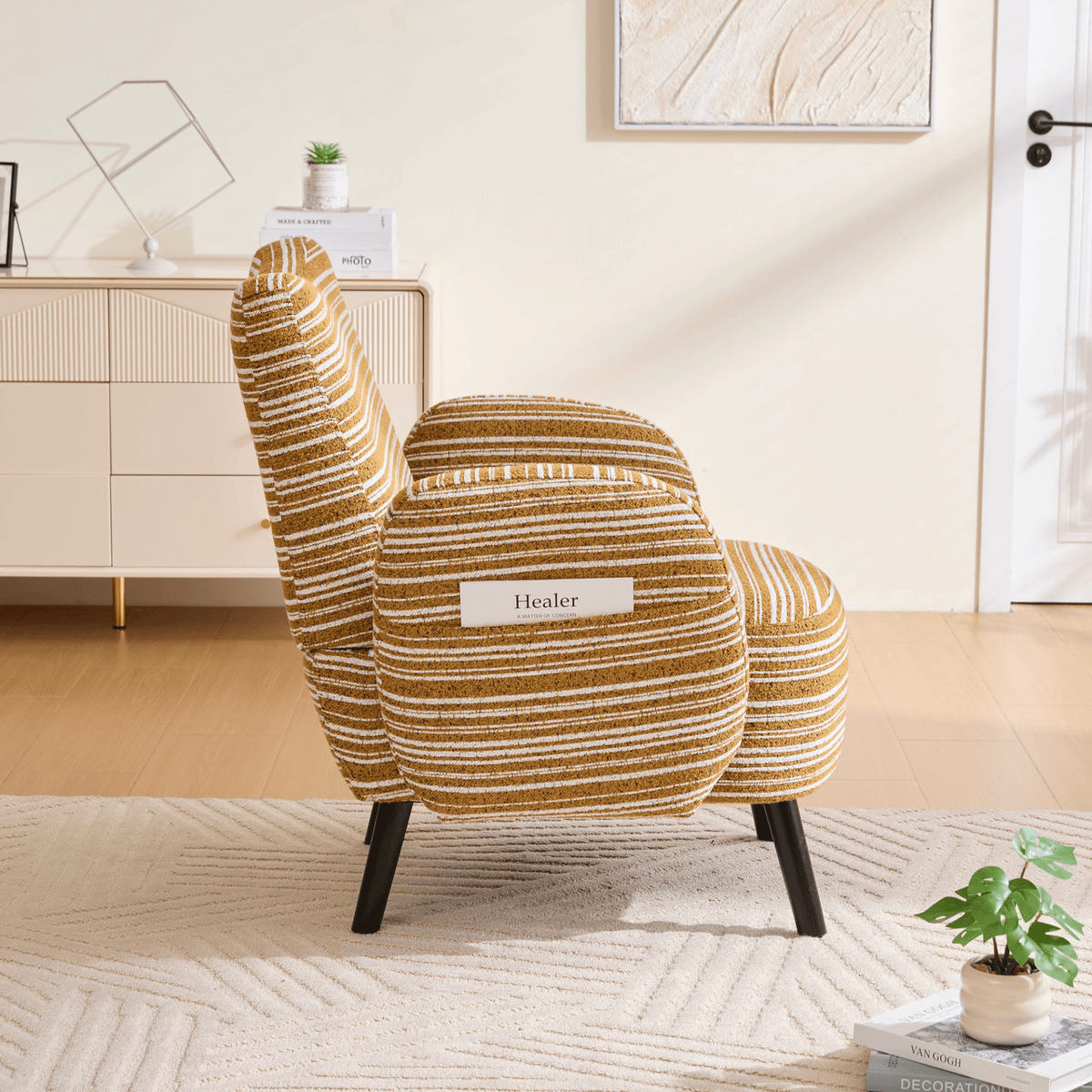 Modern Armchair with Sanded Fabric, Side Storage Pocket and Solid Wood Legs - Mervyns