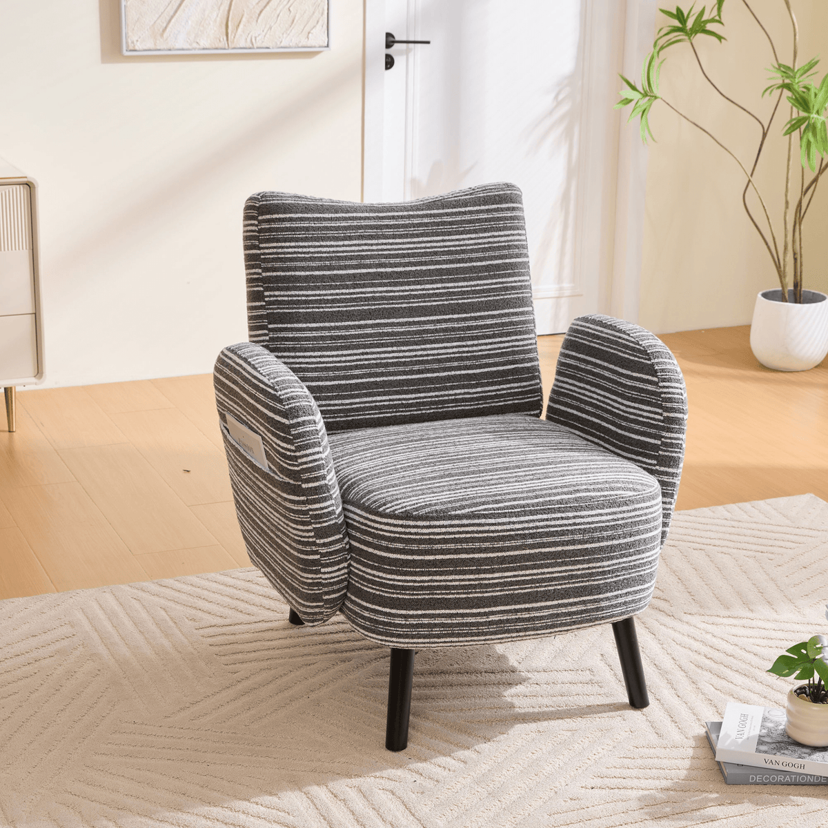 Modern Armchair with Sanded Fabric, Side Storage Pocket and Solid Wood Legs - Mervyns