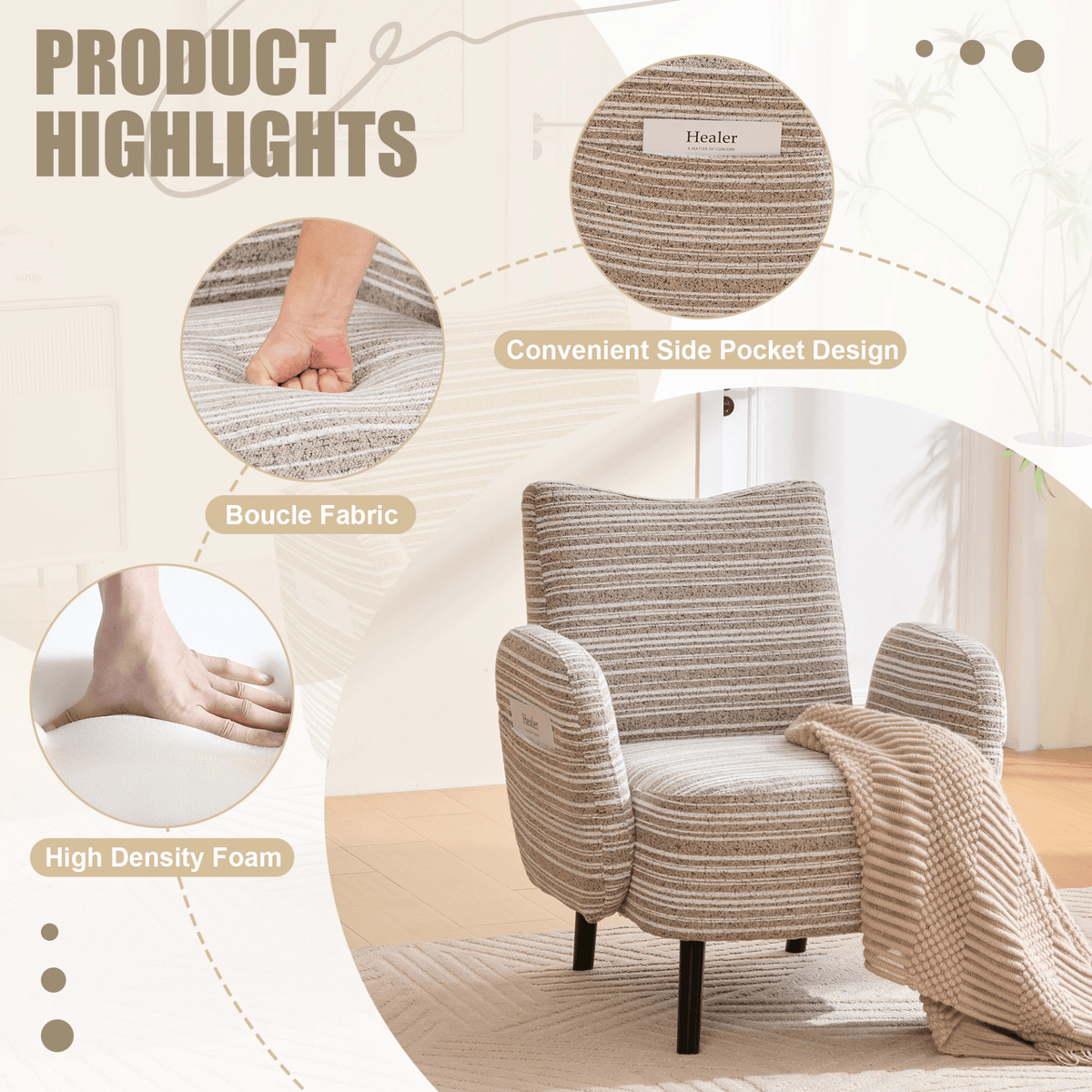 Modern Armchair with Sanded Fabric, Side Storage Pocket and Solid Wood Legs - Mervyns