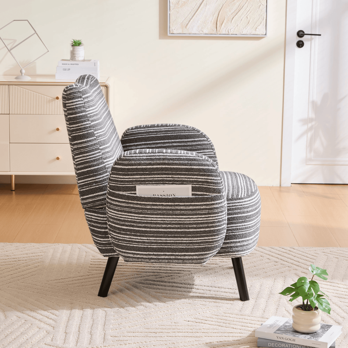 Modern Armchair with Sanded Fabric, Side Storage Pocket and Solid Wood Legs - Mervyns
