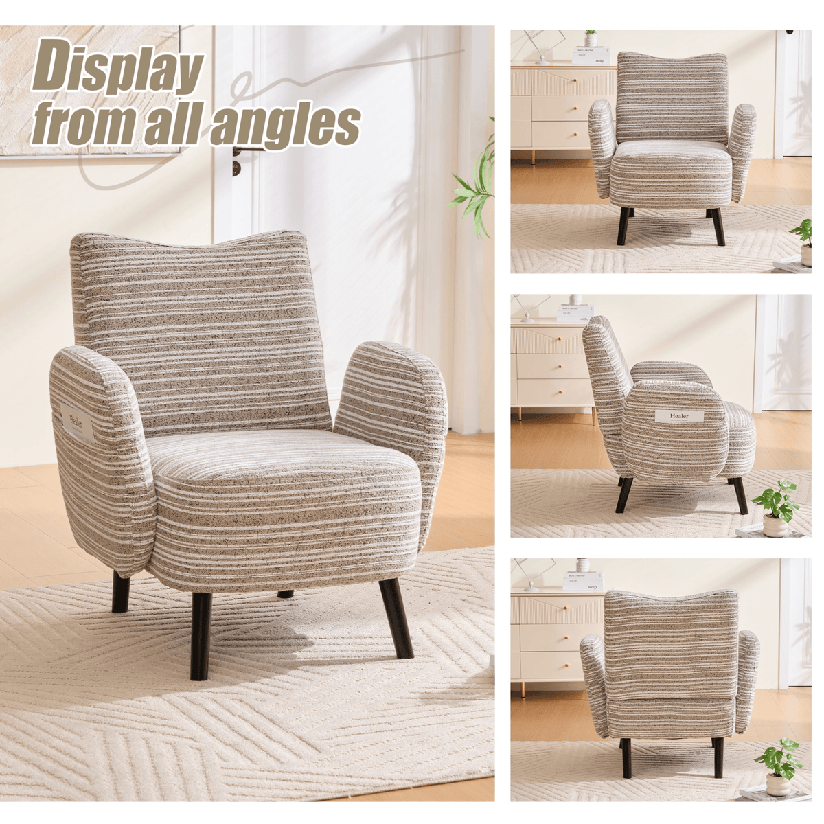 Modern Armchair with Sanded Fabric, Side Storage Pocket and Solid Wood Legs - Mervyns