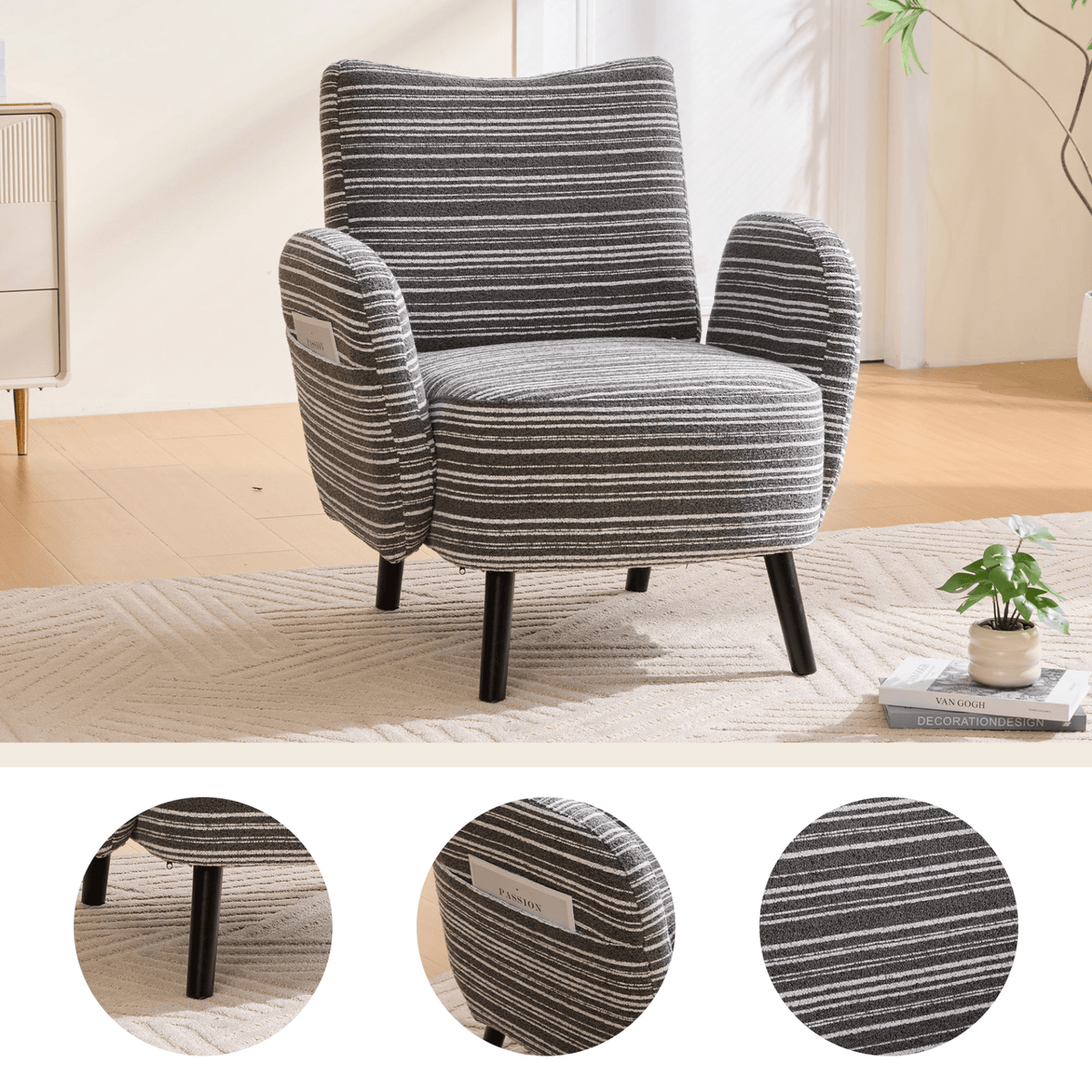 Modern Armchair with Sanded Fabric, Side Storage Pocket and Solid Wood Legs - Mervyns