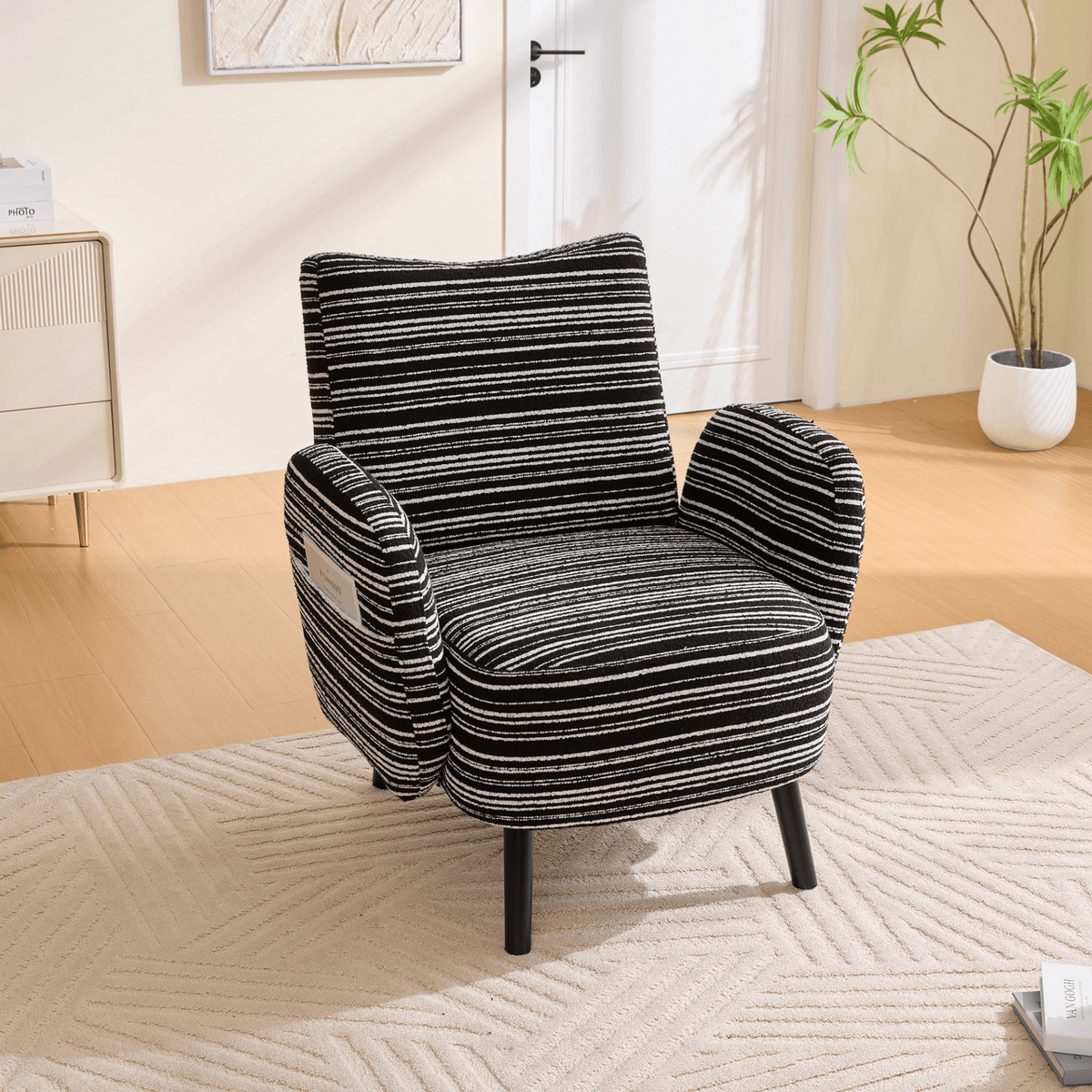 Modern Armchair with Sanded Fabric, Side Storage Pocket and Solid Wood Legs - Mervyns
