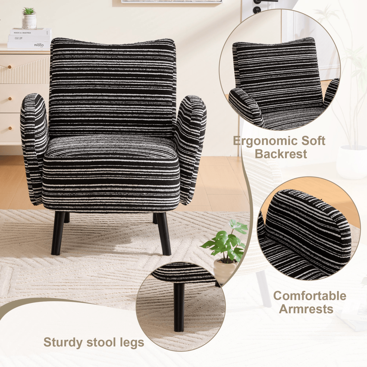 Modern Armchair with Sanded Fabric, Side Storage Pocket and Solid Wood Legs - Mervyns