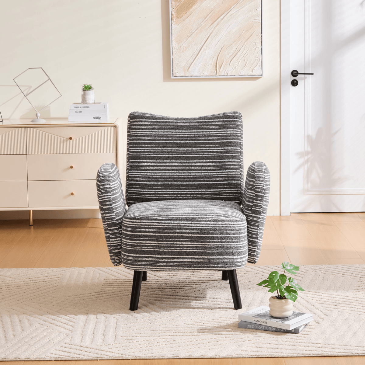 Modern Armchair with Sanded Fabric, Side Storage Pocket and Solid Wood Legs - Mervyns