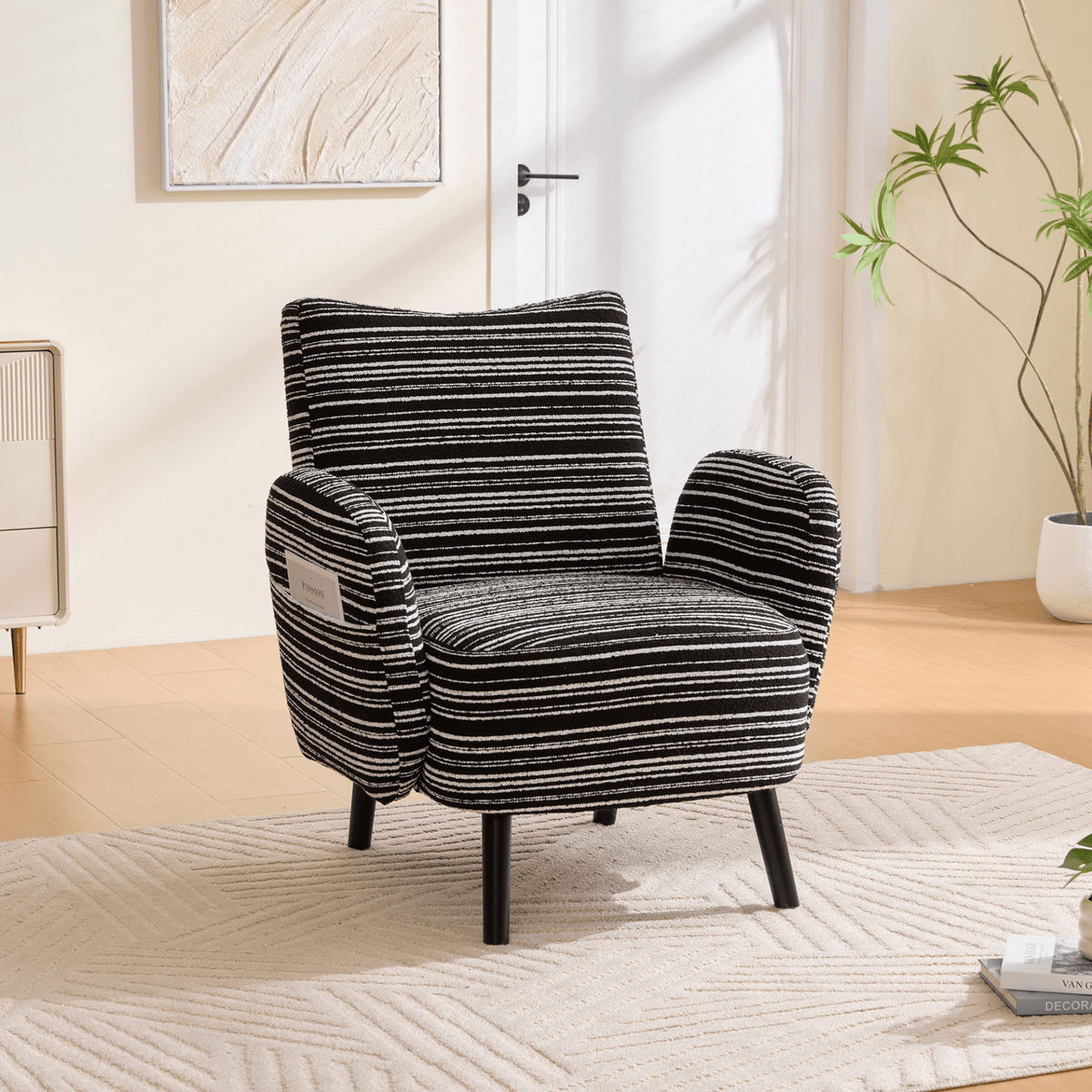 Modern Armchair with Sanded Fabric, Side Storage Pocket and Solid Wood Legs - Mervyns
