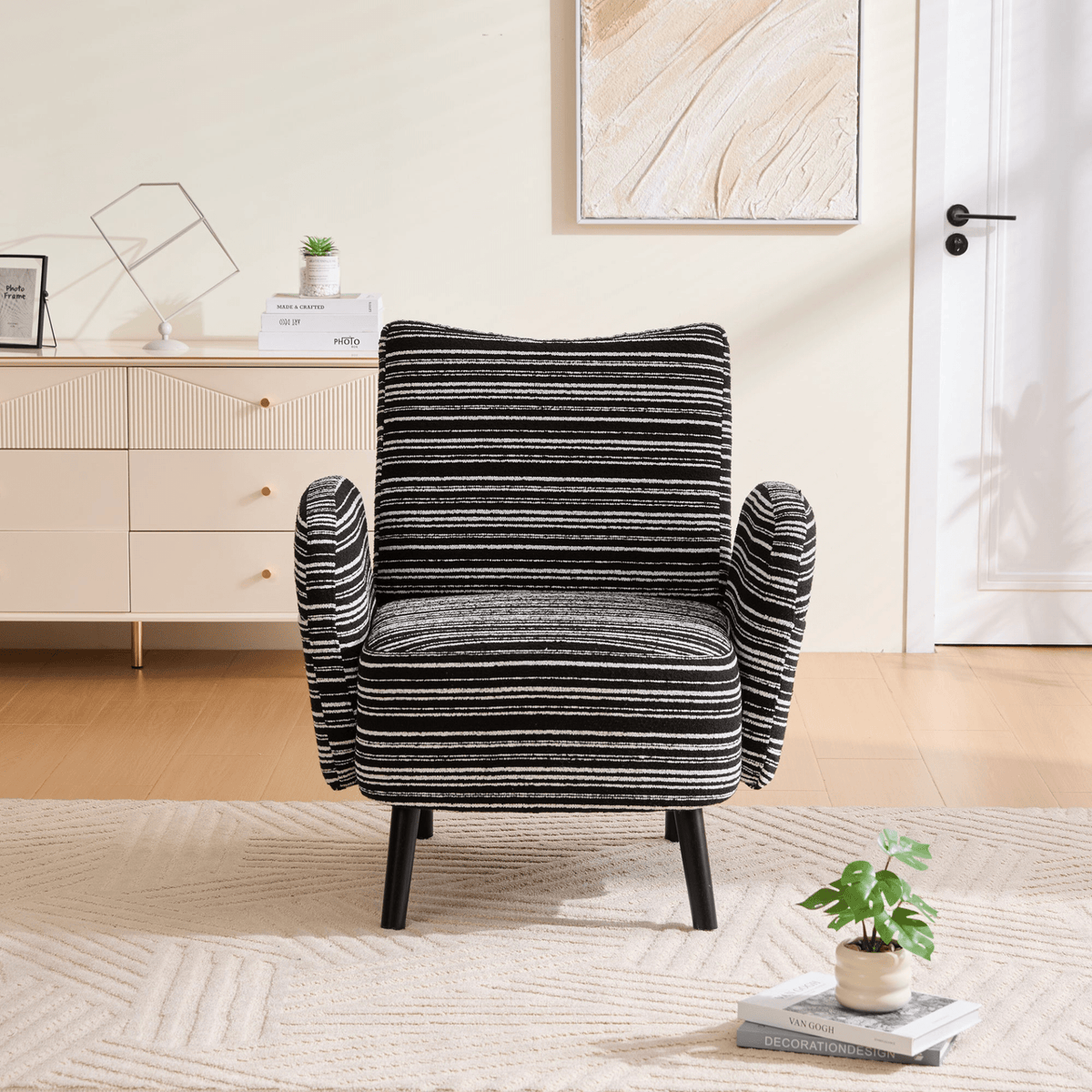 Modern Armchair with Sanded Fabric, Side Storage Pocket and Solid Wood Legs - Mervyns