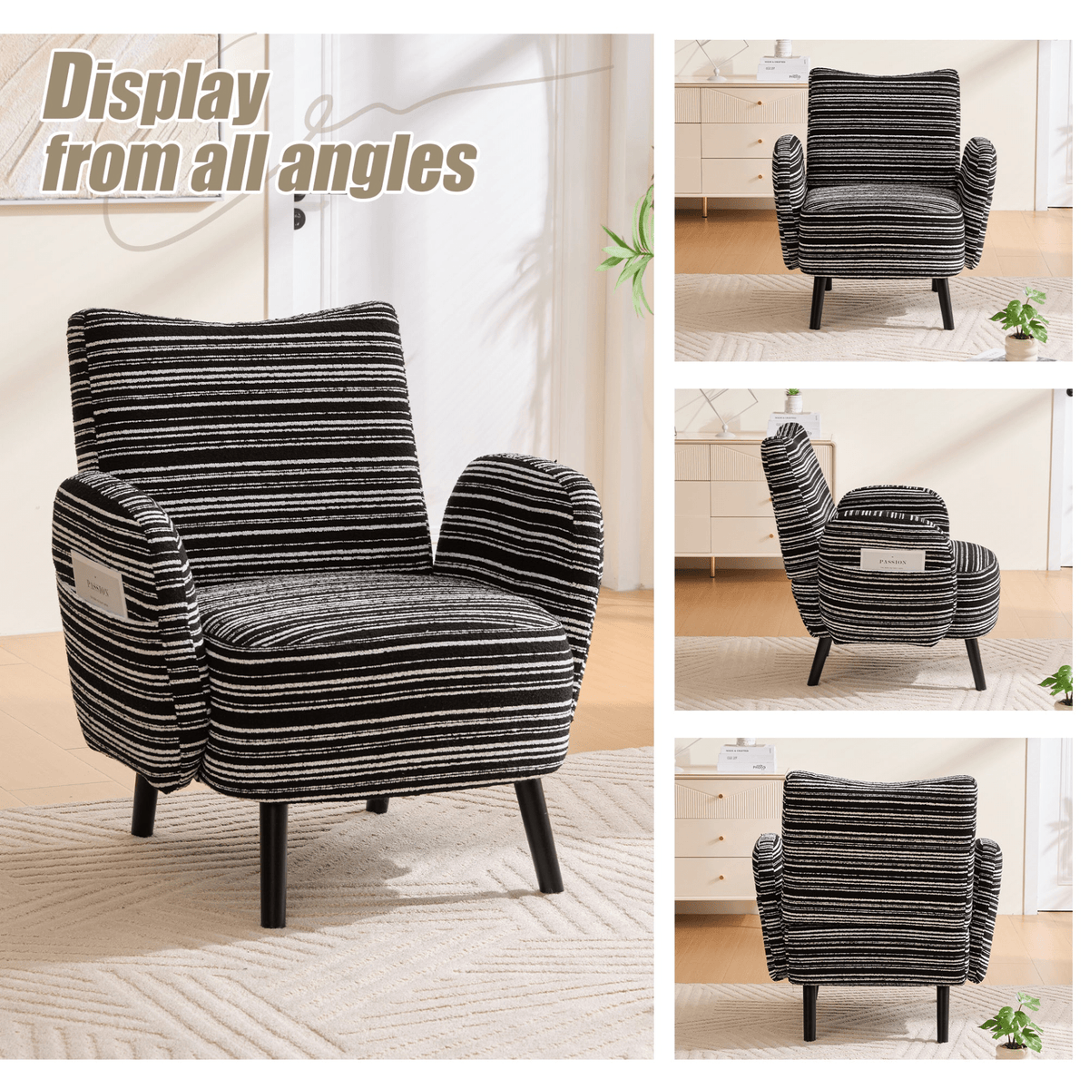 Modern Armchair with Sanded Fabric, Side Storage Pocket and Solid Wood Legs - Mervyns