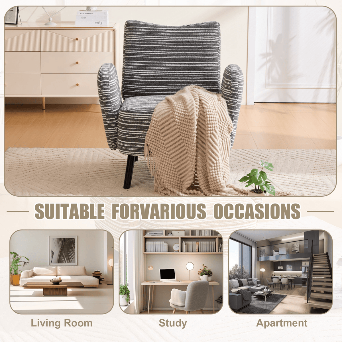 Modern Armchair with Sanded Fabric, Side Storage Pocket and Solid Wood Legs - Mervyns
