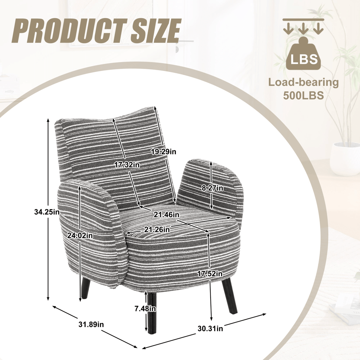 Modern Armchair with Sanded Fabric, Side Storage Pocket and Solid Wood Legs - Mervyns