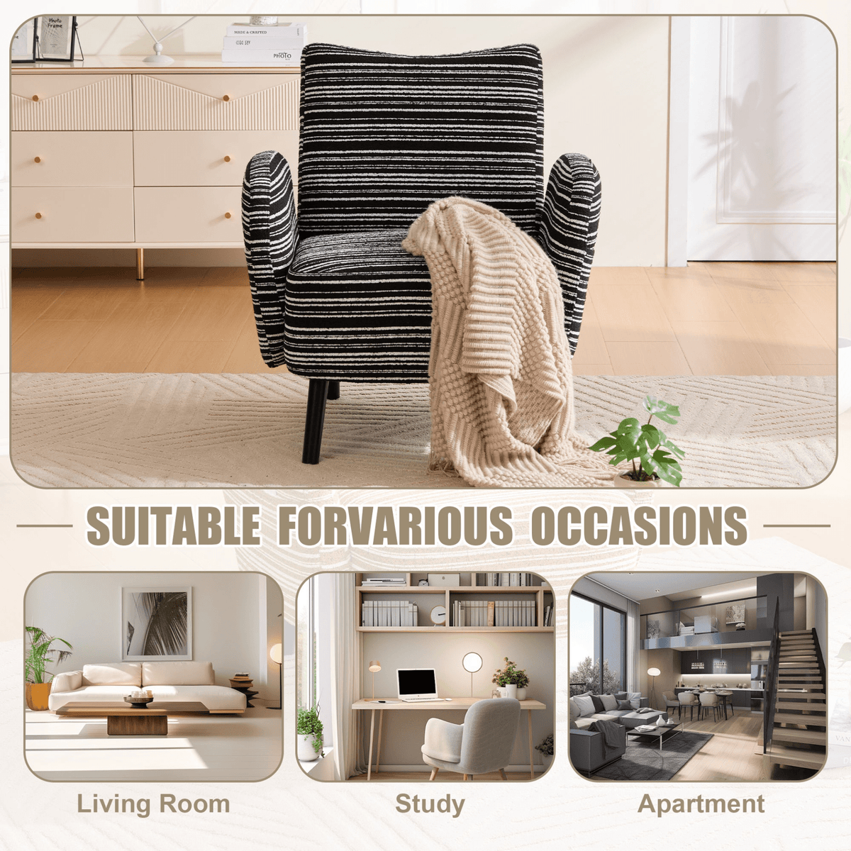 Modern Armchair with Sanded Fabric, Side Storage Pocket and Solid Wood Legs - Mervyns