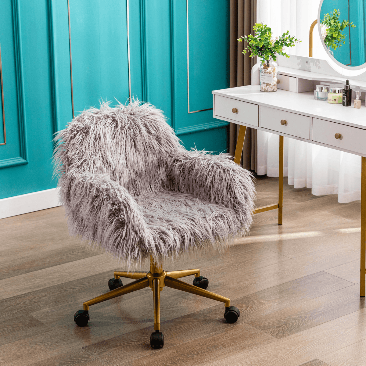 Modern Faux Fur Home Office and Makeup Vanity Chair with Gold Base - Mervyns