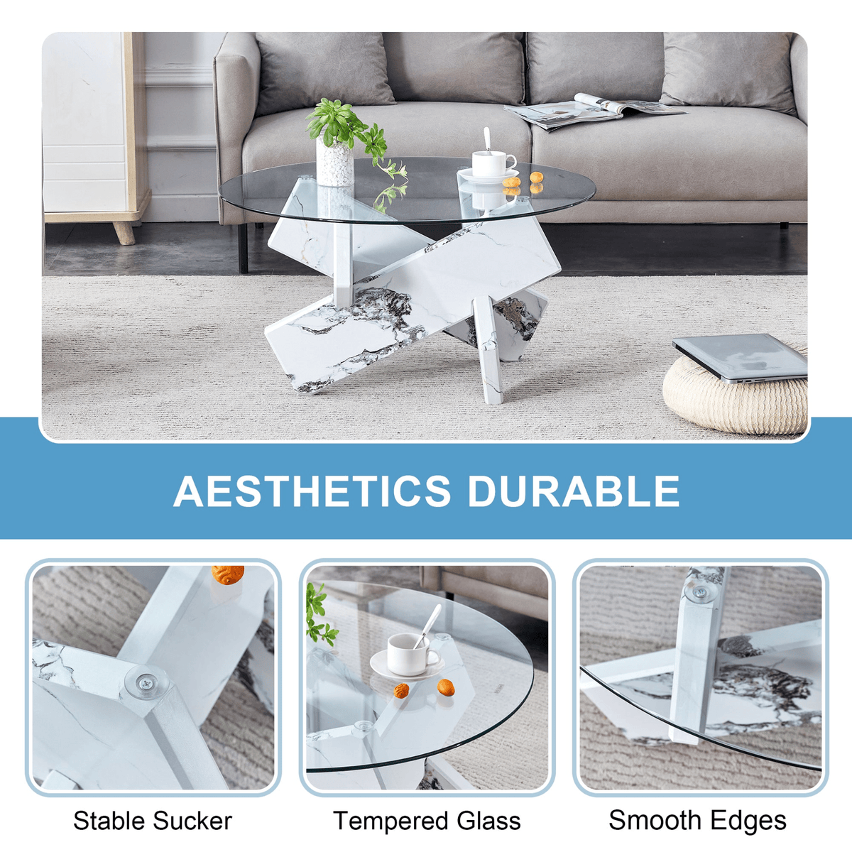 Modern Round Glass Coffee Table with Tempered Glass Countertop and White MDF Legs, 33.4 Inches - Mervyns