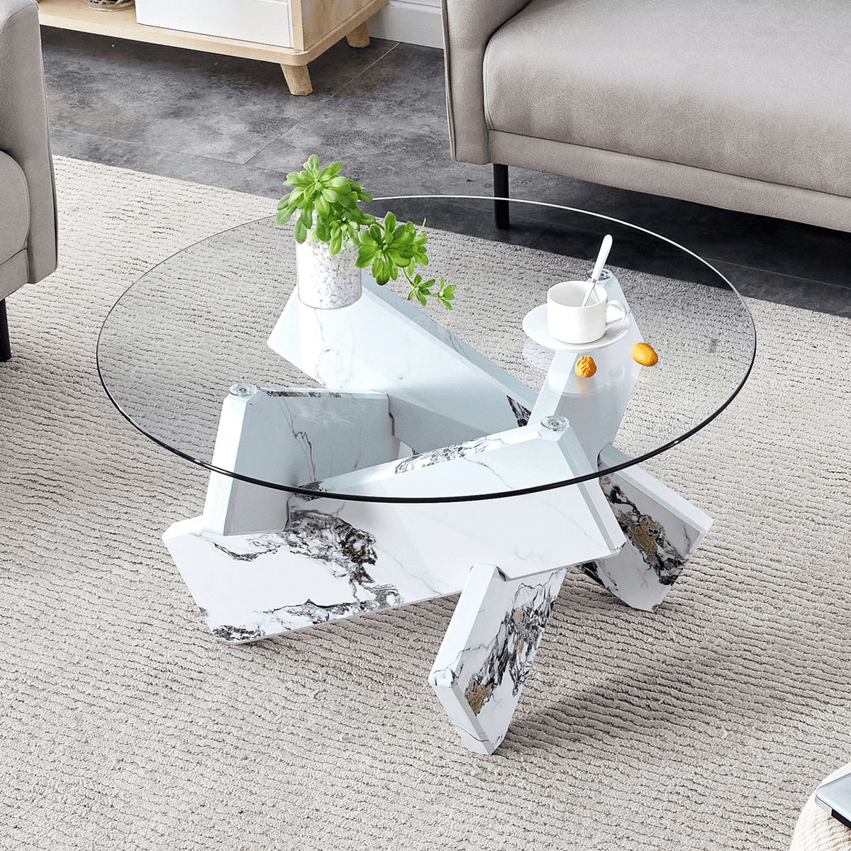 Modern Round Glass Coffee Table with Tempered Glass Countertop and White MDF Legs, 33.4 Inches - Mervyns