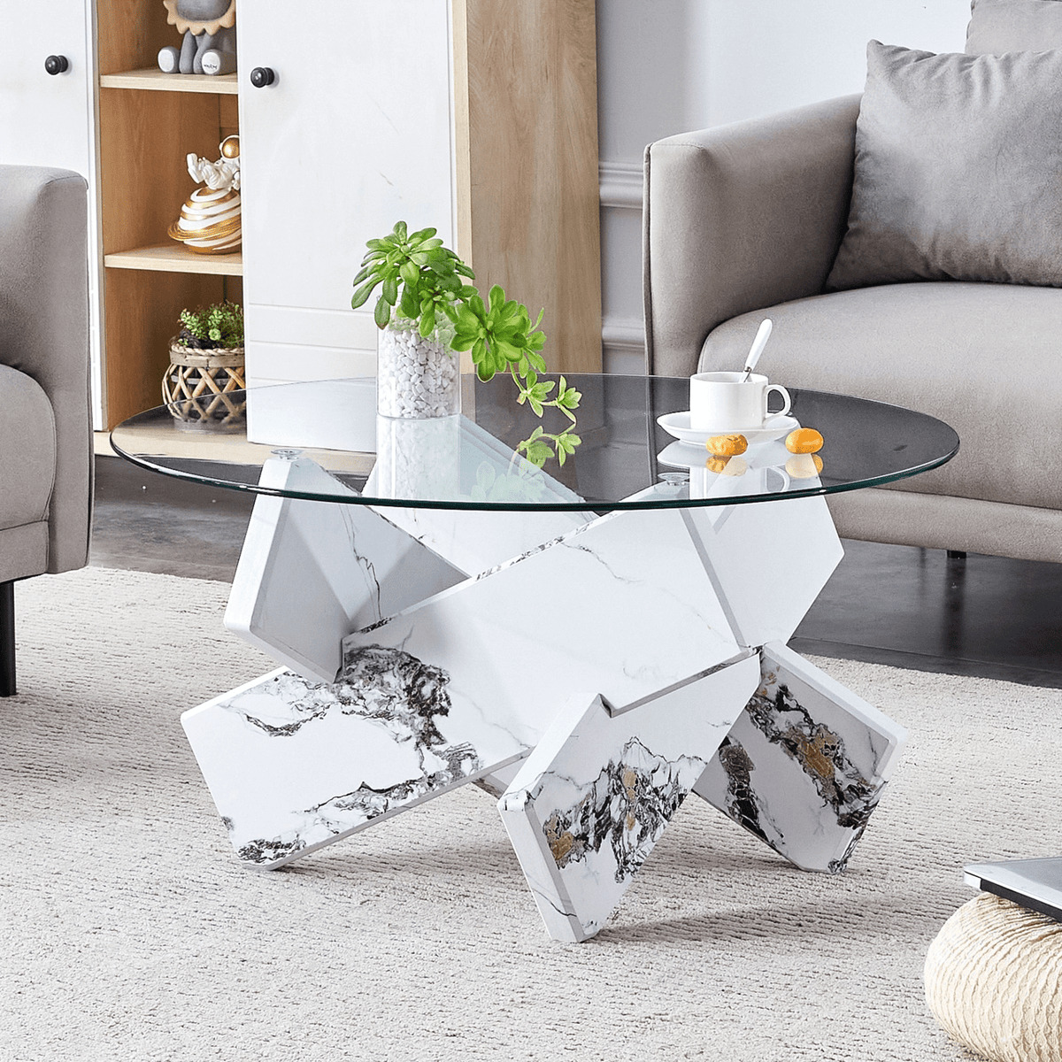 Modern Round Glass Coffee Table with Tempered Glass Countertop and White MDF Legs, 33.4 Inches - Mervyns