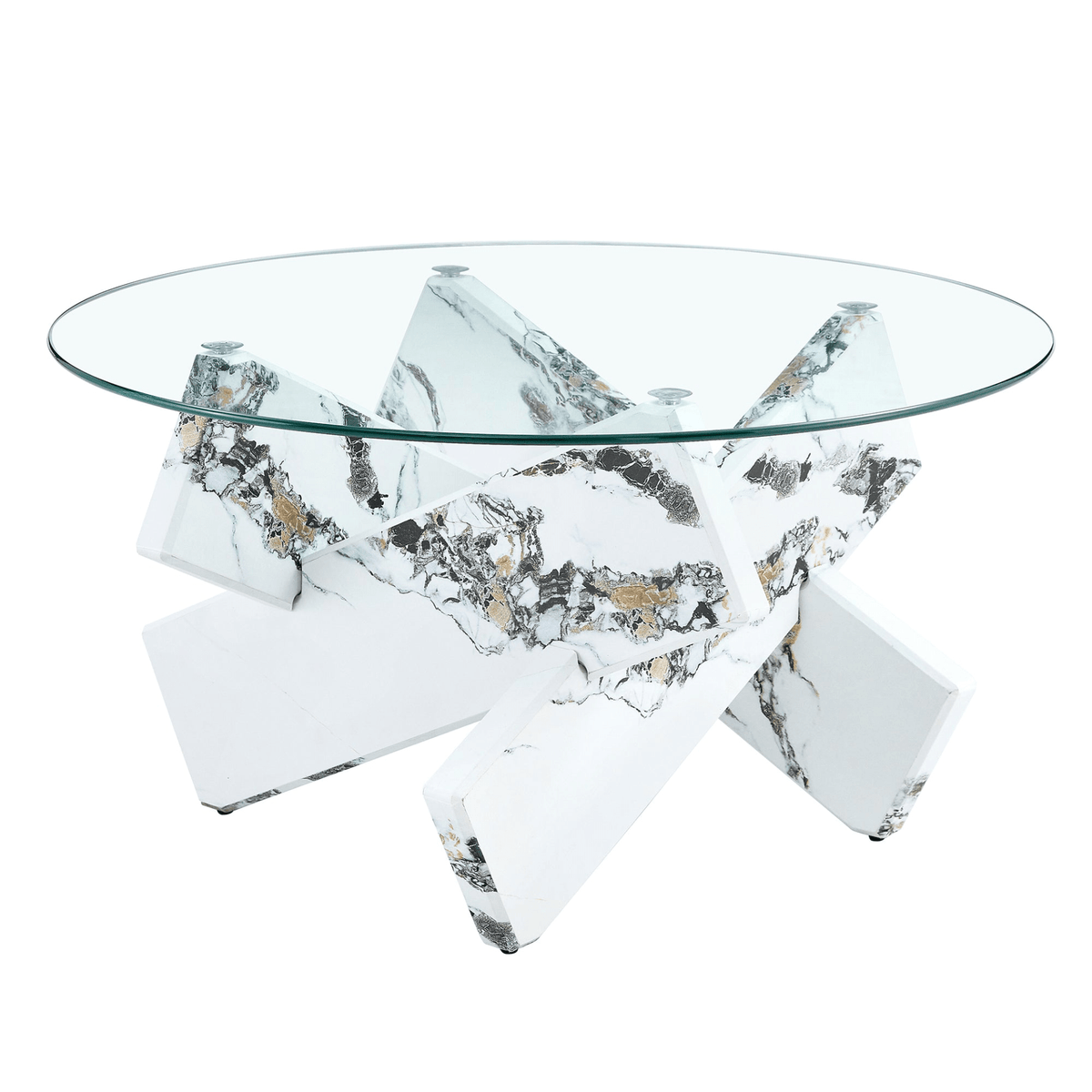 Modern Round Glass Coffee Table with Tempered Glass Countertop and White MDF Legs, 33.4 Inches - Mervyns