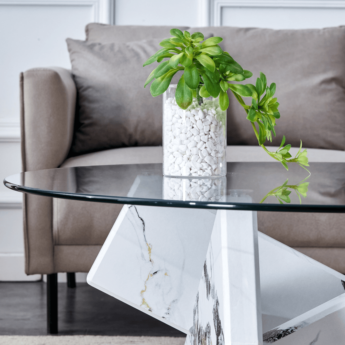 Modern Round Glass Coffee Table with Tempered Glass Countertop and White MDF Legs, 33.4 Inches - Mervyns