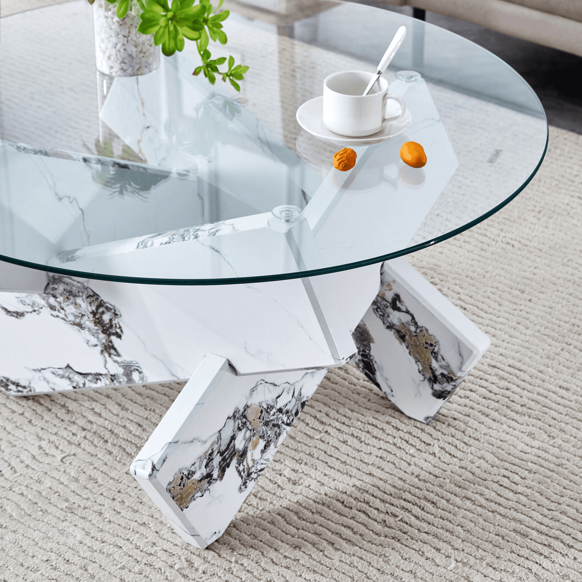 Modern Round Glass Coffee Table with Tempered Glass Countertop and White MDF Legs, 33.4 Inches - Mervyns