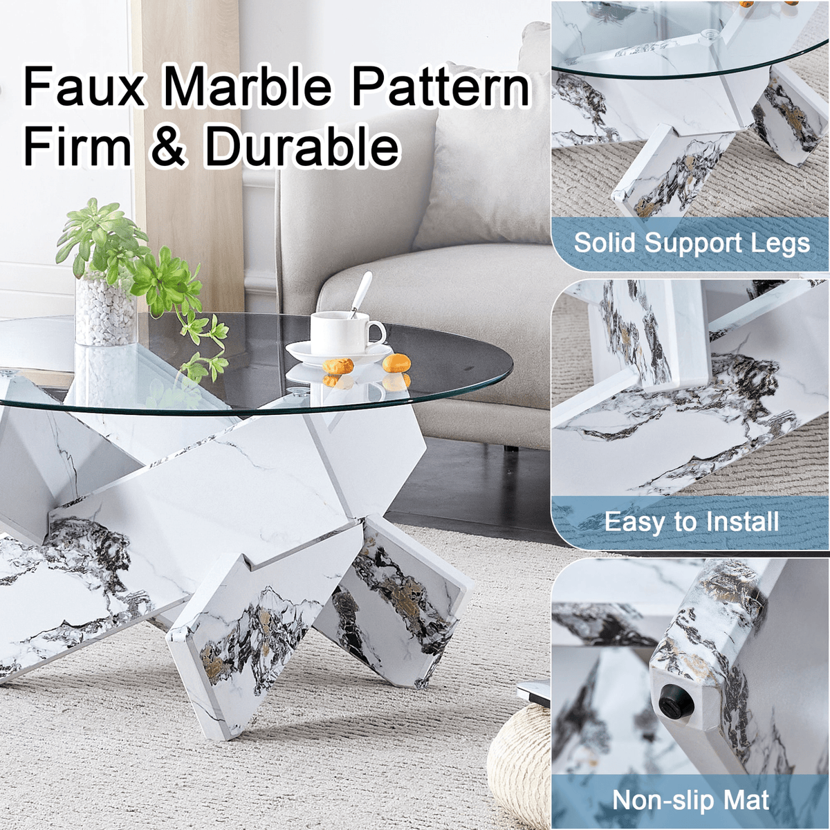 Modern Round Glass Coffee Table with Tempered Glass Countertop and White MDF Legs, 33.4 Inches - Mervyns