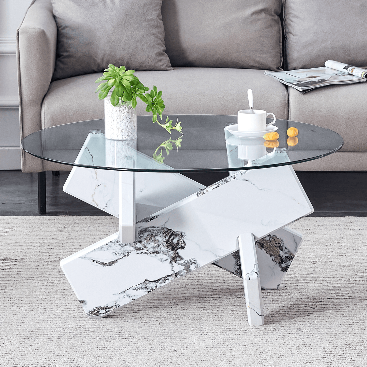 Modern Round Glass Coffee Table with Tempered Glass Countertop and White MDF Legs, 33.4 Inches - Mervyns