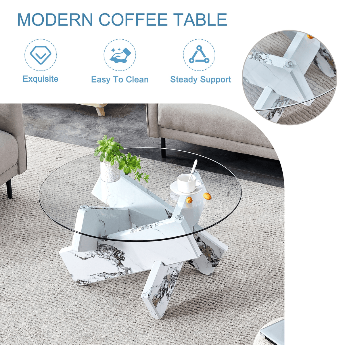 Modern Round Glass Coffee Table with Tempered Glass Countertop and White MDF Legs, 33.4 Inches - Mervyns