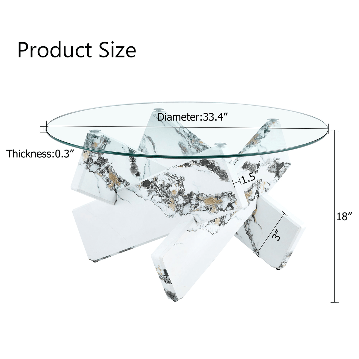 Modern Round Glass Coffee Table with Tempered Glass Countertop and White MDF Legs, 33.4 Inches - Mervyns