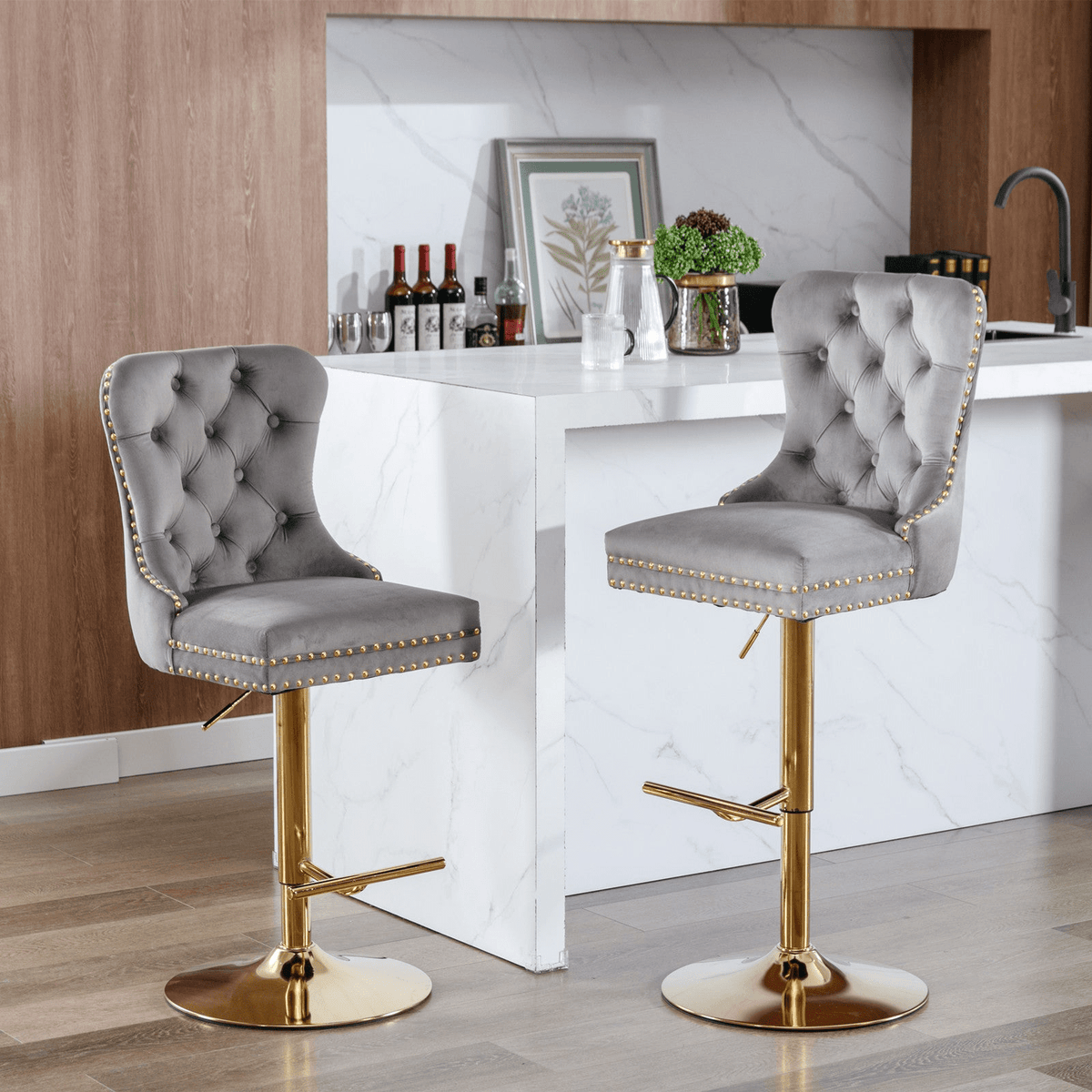 Modern Upholstered Velvet Swivel Bar Stools Tufted with Adjustable Seat Height - Mervyns