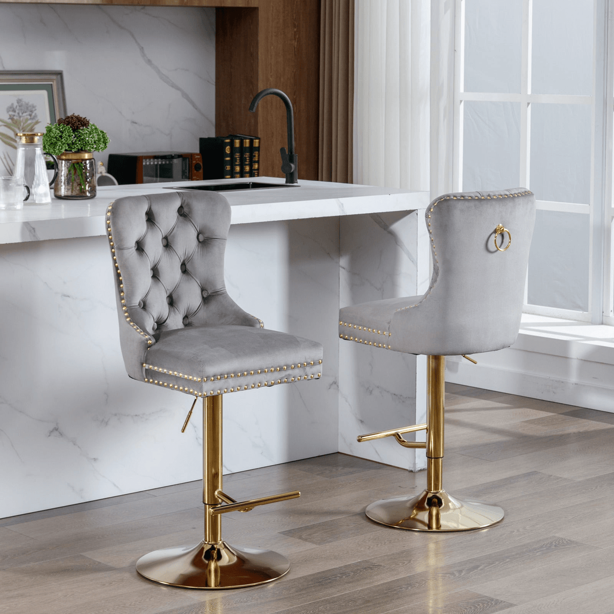 Modern Upholstered Velvet Swivel Bar Stools Tufted with Adjustable Seat Height - Mervyns