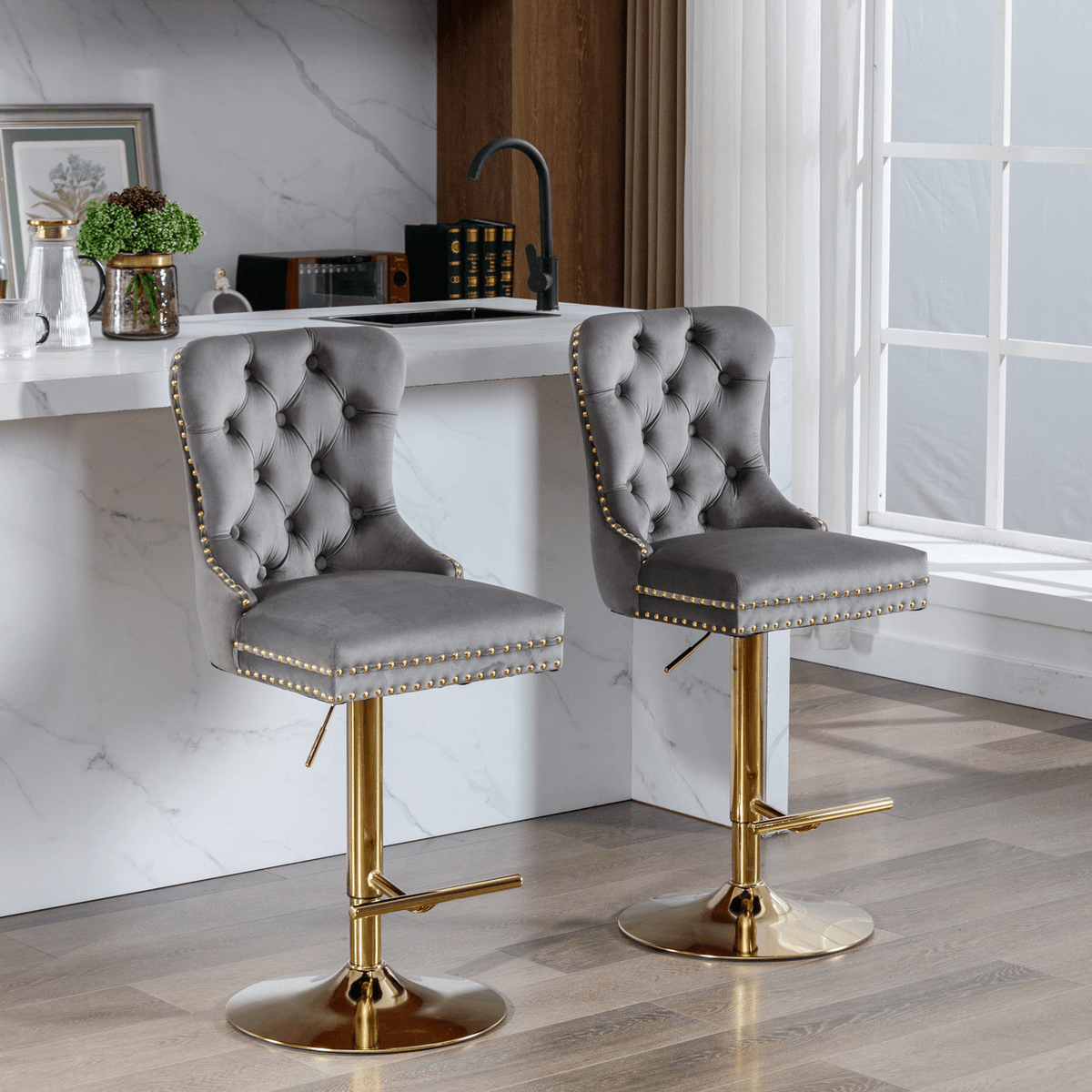 Modern Upholstered Velvet Swivel Bar Stools Tufted with Adjustable Seat Height - Mervyns