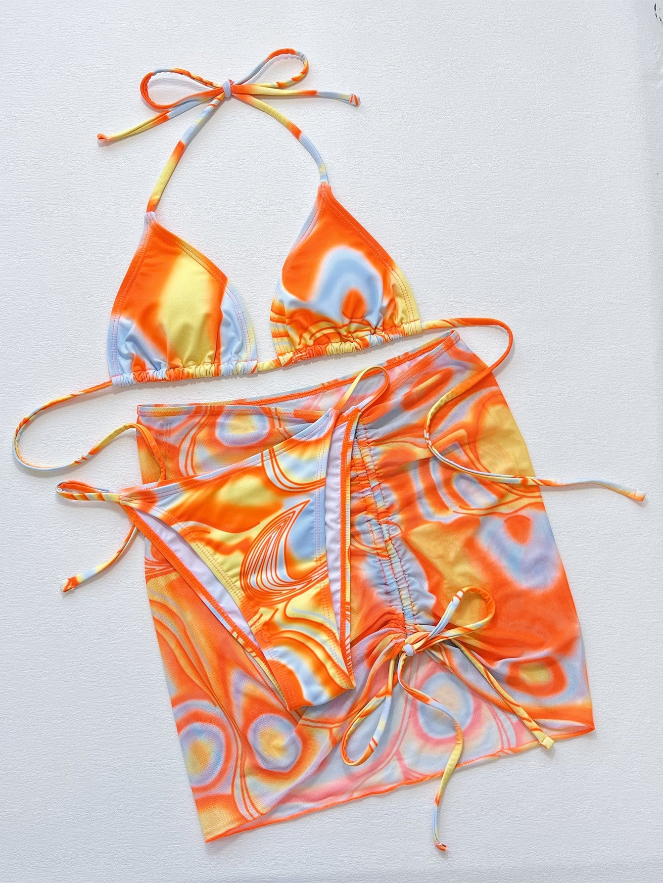 Multicolored Drawstring Ruched Three - Piece Swim Set - Mervyns