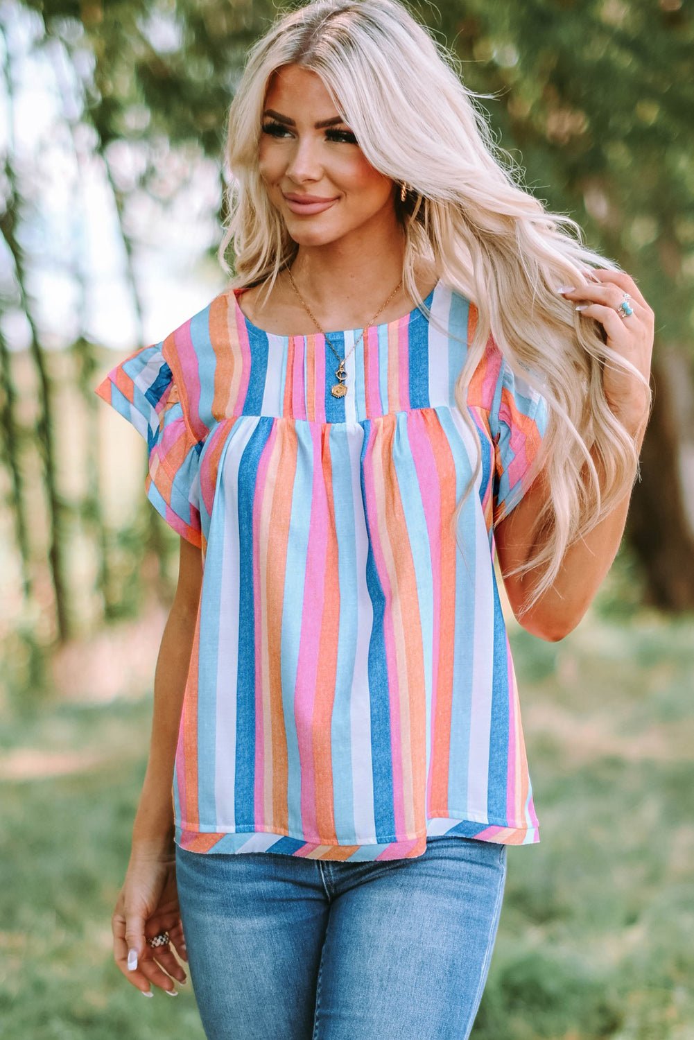 Multicolored Stripe Flutter Sleeve Blouse - Mervyns