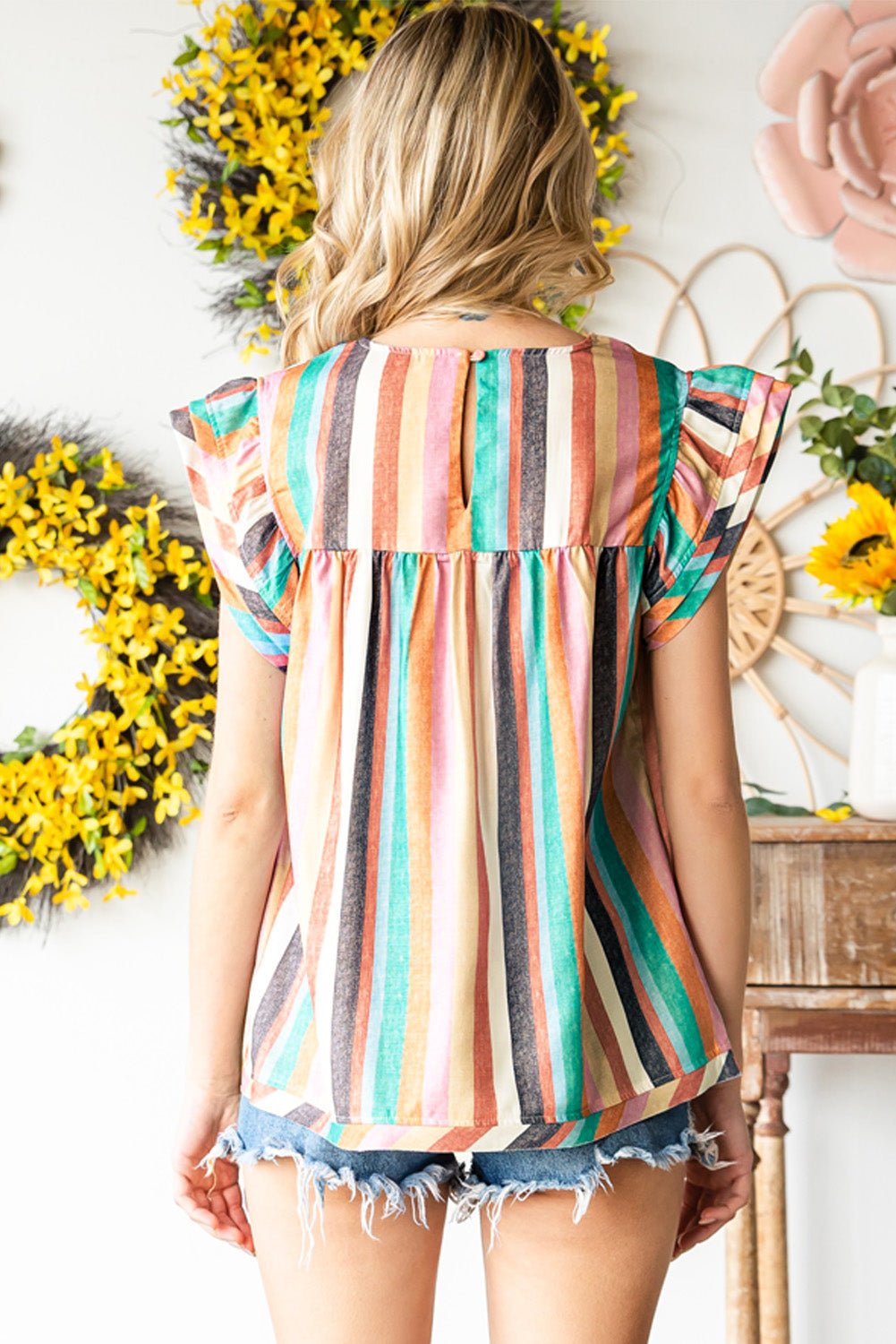 Multicolored Stripe Flutter Sleeve Blouse - Mervyns