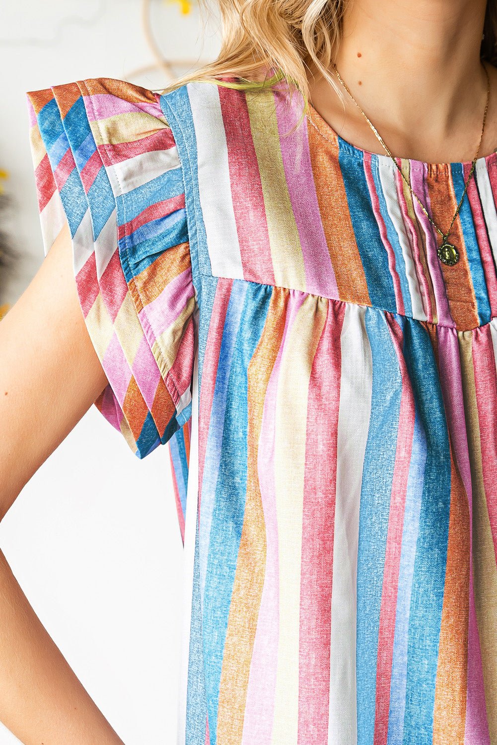 Multicolored Stripe Flutter Sleeve Blouse - Mervyns