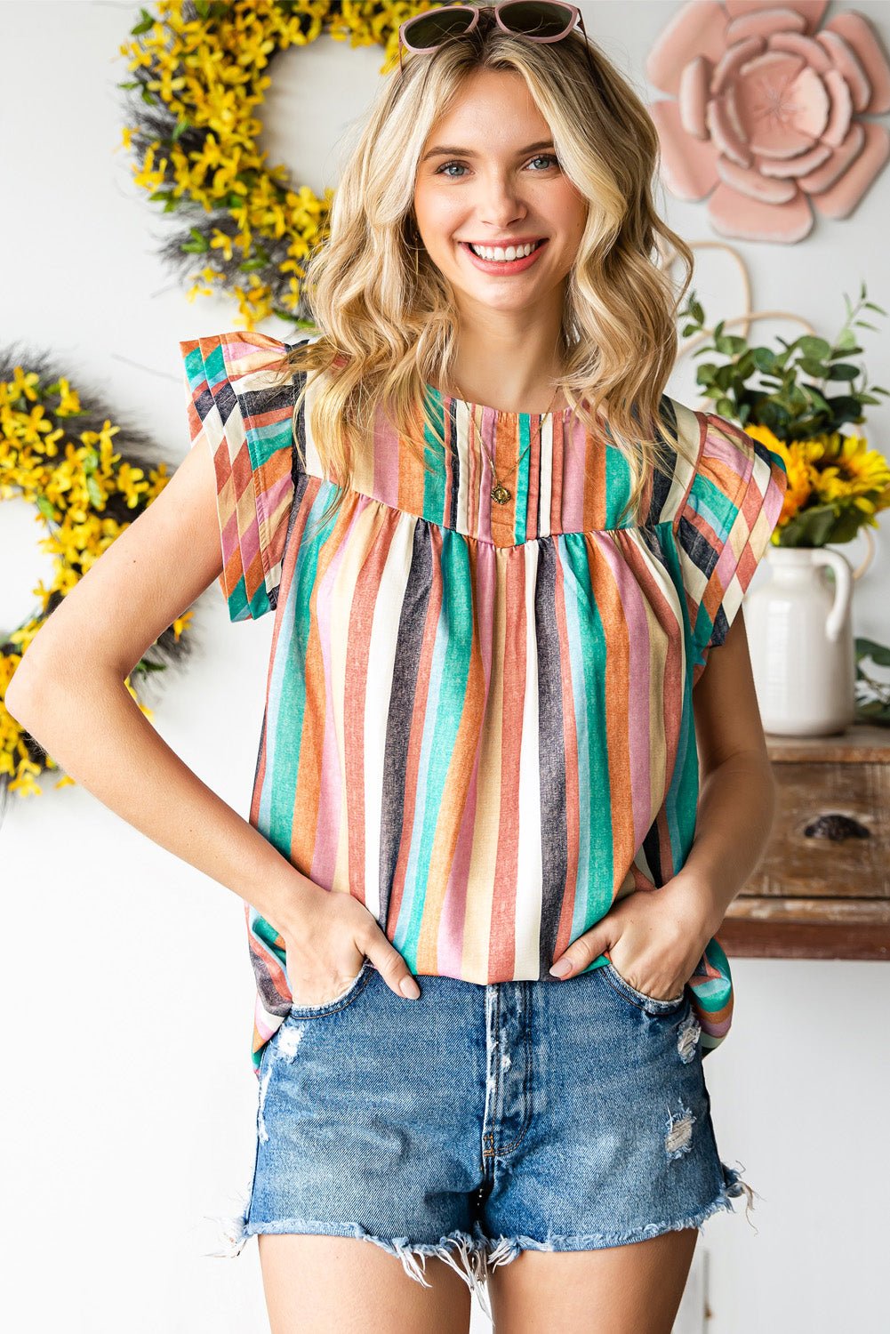 Multicolored Stripe Flutter Sleeve Blouse - Mervyns