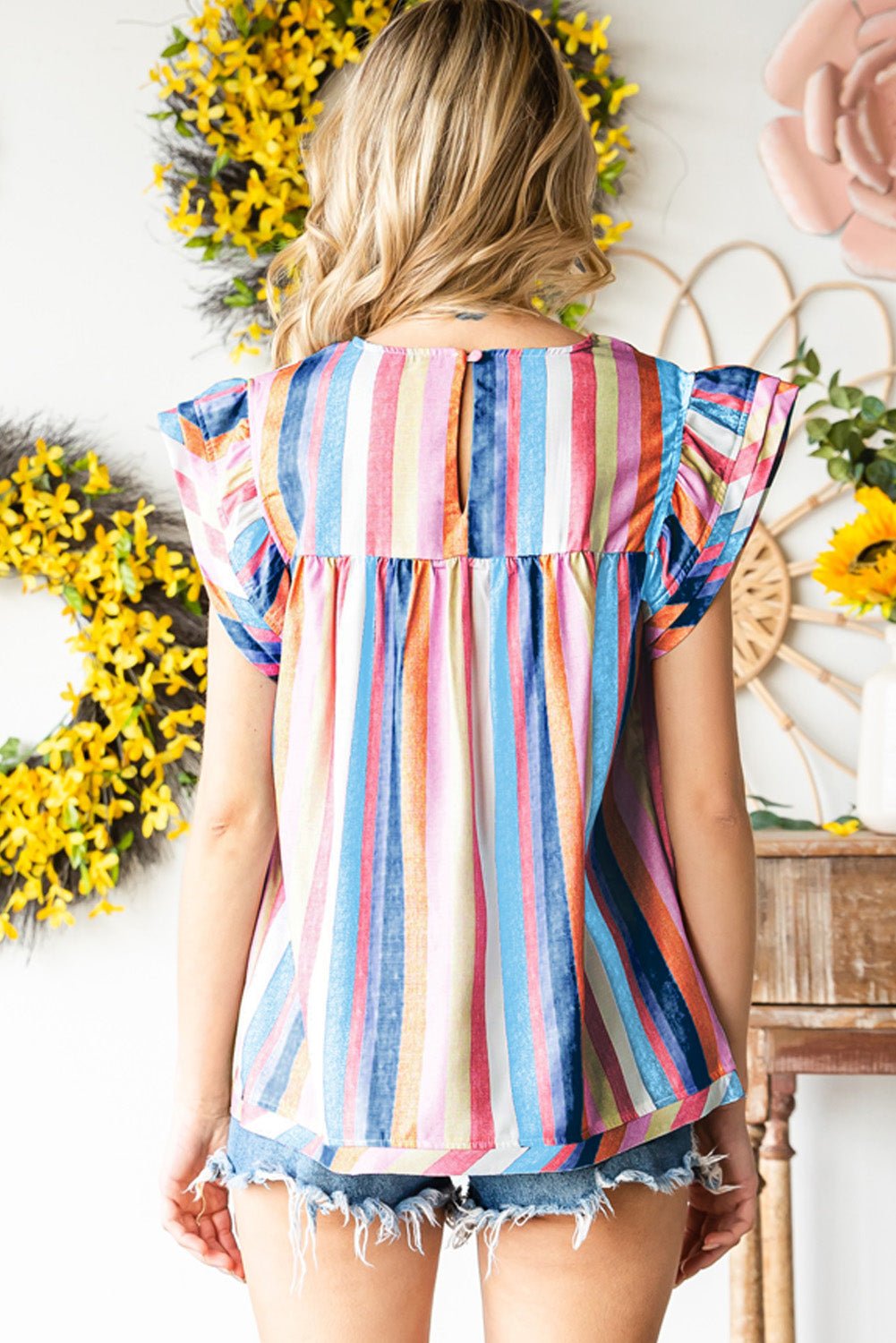 Multicolored Stripe Flutter Sleeve Blouse - Mervyns