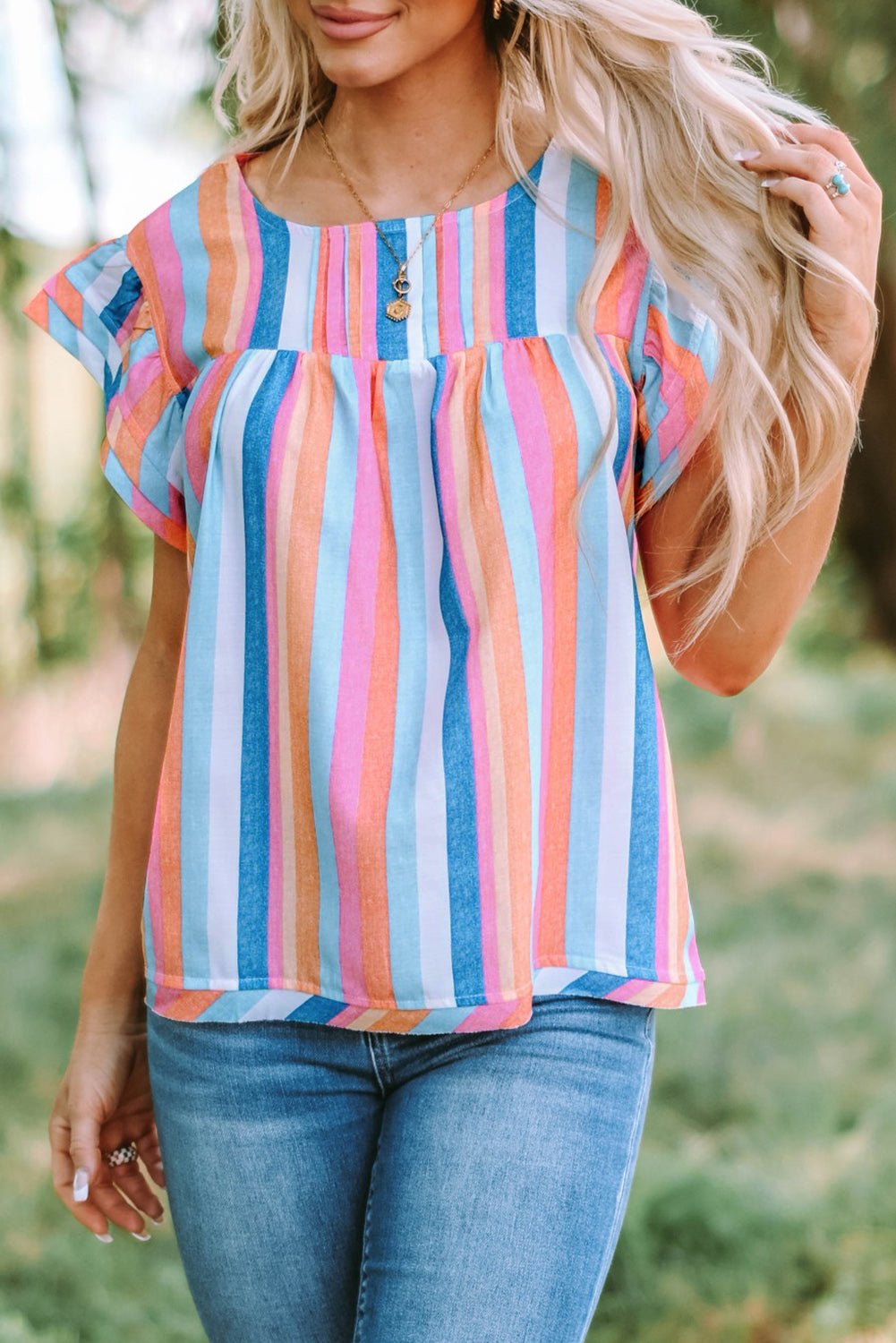 Multicolored Stripe Flutter Sleeve Blouse - Mervyns