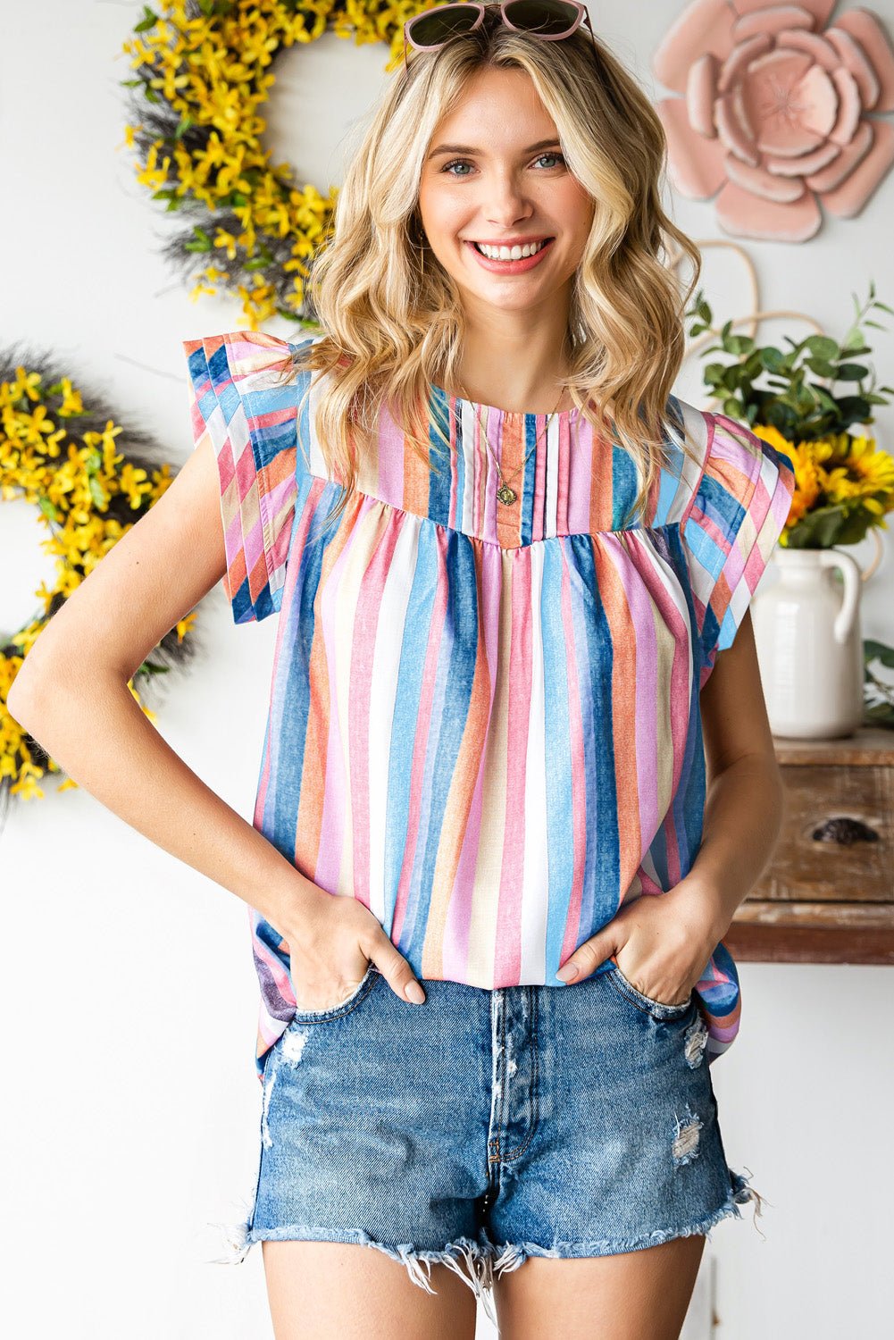 Multicolored Stripe Flutter Sleeve Blouse - Mervyns