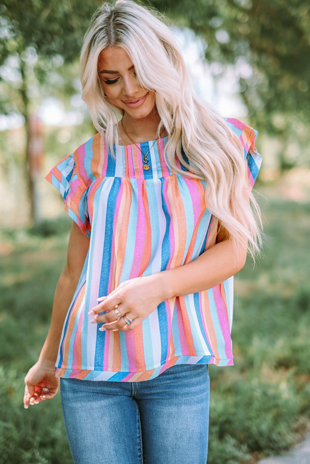 Multicolored Stripe Flutter Sleeve Blouse - Mervyns