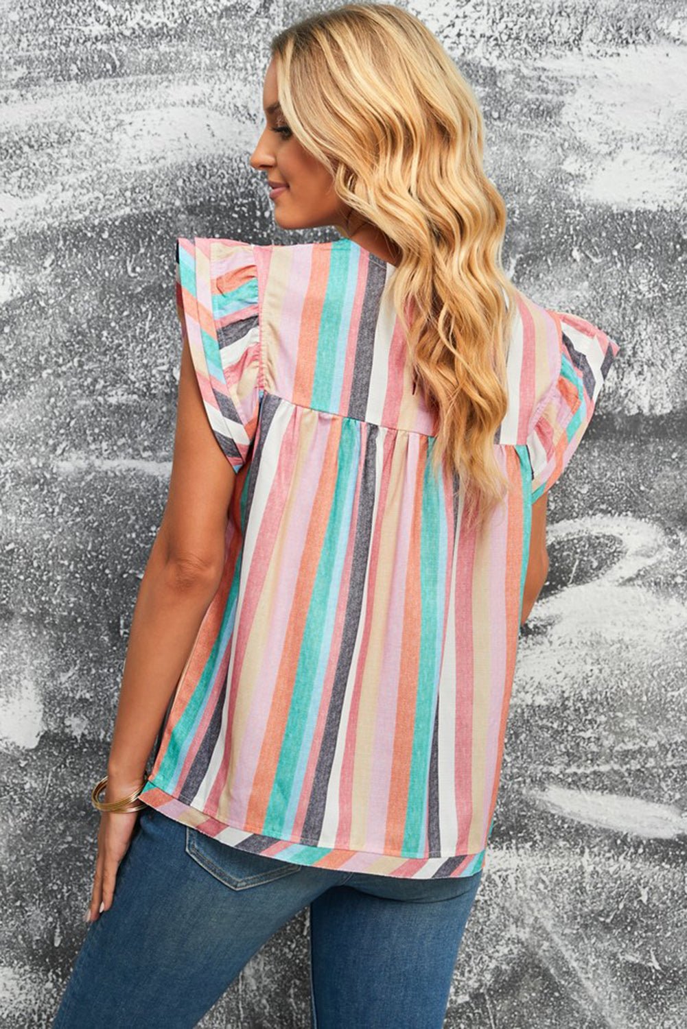 Multicolored Stripe Flutter Sleeve Blouse - Mervyns