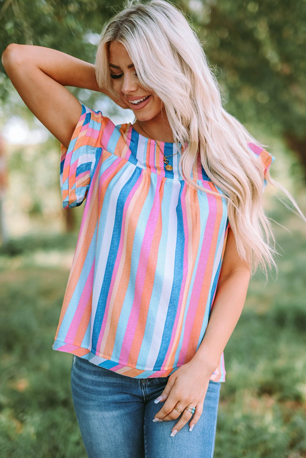 Multicolored Stripe Flutter Sleeve Blouse - Mervyns