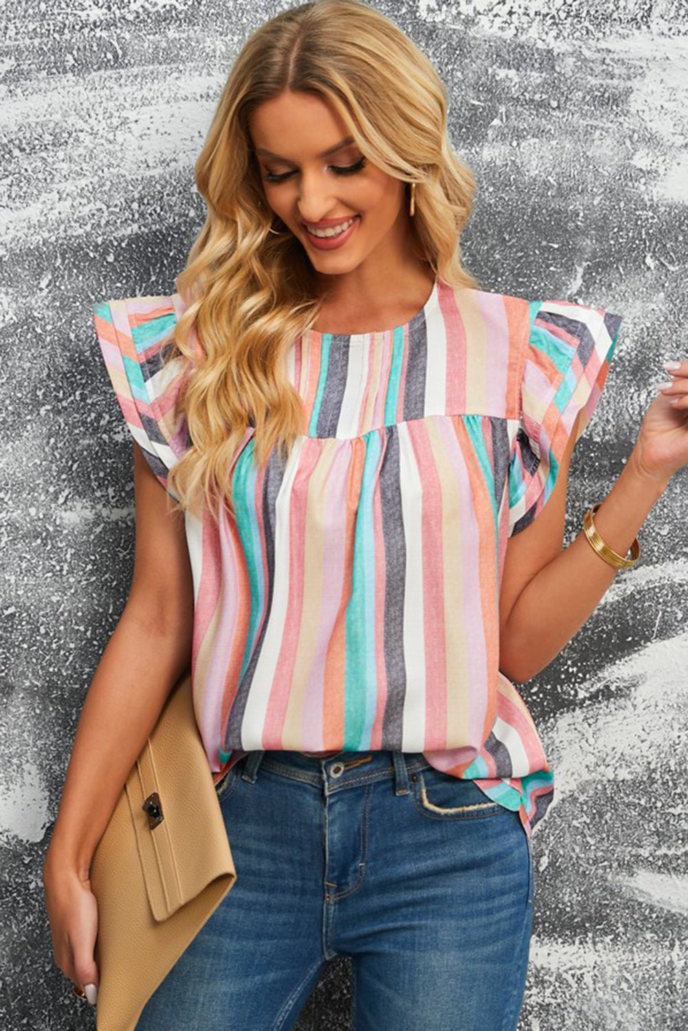 Multicolored Stripe Flutter Sleeve Blouse - Mervyns