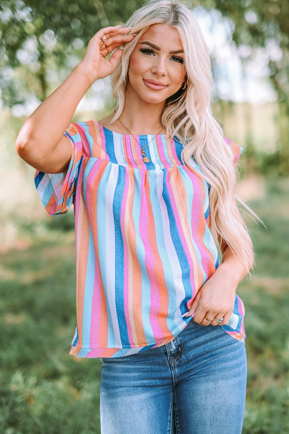 Multicolored Stripe Flutter Sleeve Blouse - Mervyns