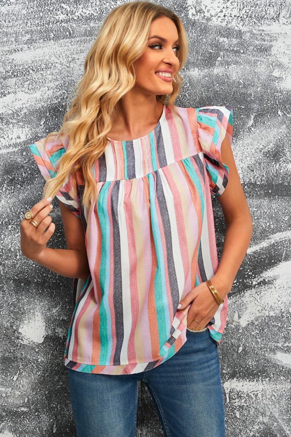 Multicolored Stripe Flutter Sleeve Blouse - Mervyns