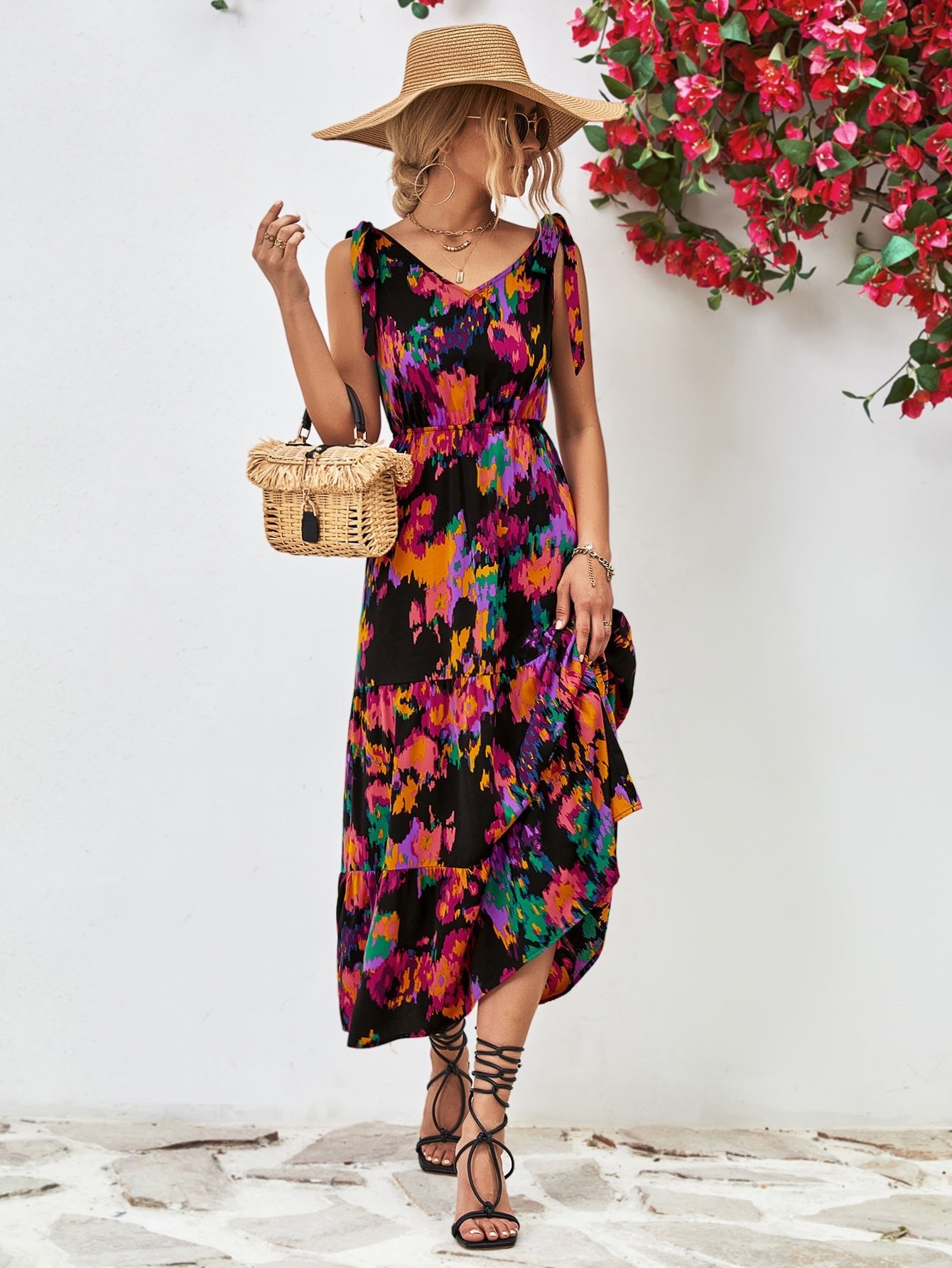 Multicolored V - Neck Backless Midi Dress - Mervyns