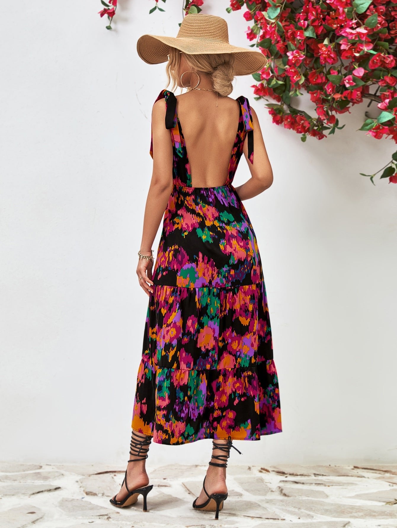 Multicolored V - Neck Backless Midi Dress - Mervyns